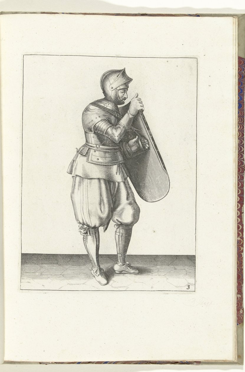 Die Übung mit dem Targe und Rapier: der Soldat hält den Targe mit der rechten Hand und greift mit der linken Hand den Riemen (Nr. 3), 1618 von Adam van Breen