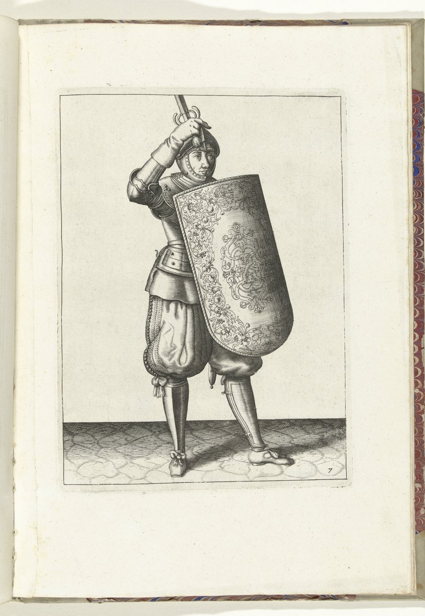 De exercitie met de targe en rapier: hoe de soldaat het vizier van zijn helm moet sluiten met de targe en de getrokken rapier in de hand (nr. 7), 1618 von Adam van Breen