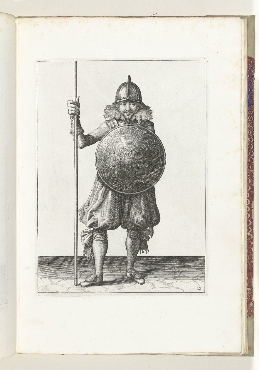 Übung mit Schild und Speer: der Soldat bringt den Speer in drei Schritten zurück in die Ruheposition, dritte Bewegung (Nr. 12), 1618 von Adam van Breen