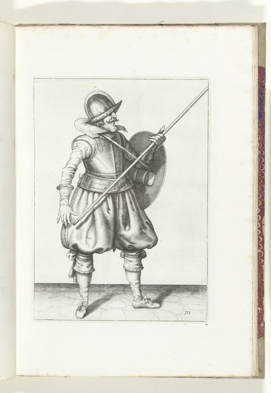 Die Übung mit Schild und Speer: Der Soldat bringt den Speer in drei Zeiten zurück in die Ruheposition, erste Bewegung (Nr. 10), 1618 (De Nassausche Wapen-Handelinge, van Schilt, Spies, Rappier ende Targe) von Adam van Breen