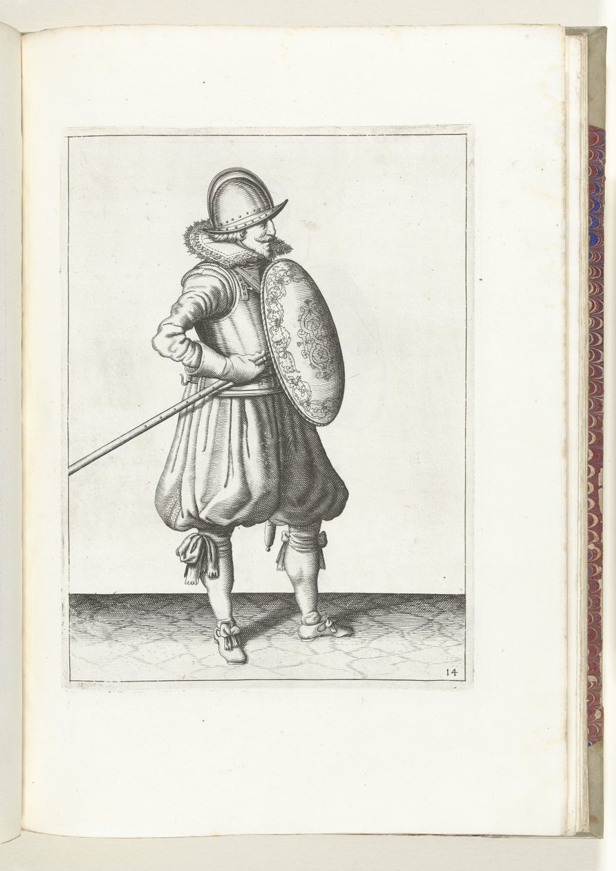 Die Übung mit Schild und Speer: der Soldat bringt in zwei Zeiten den Speer in Position zum Schleppen, zweite Bewegung (Nr. 14), 1618 von Adam van Breen