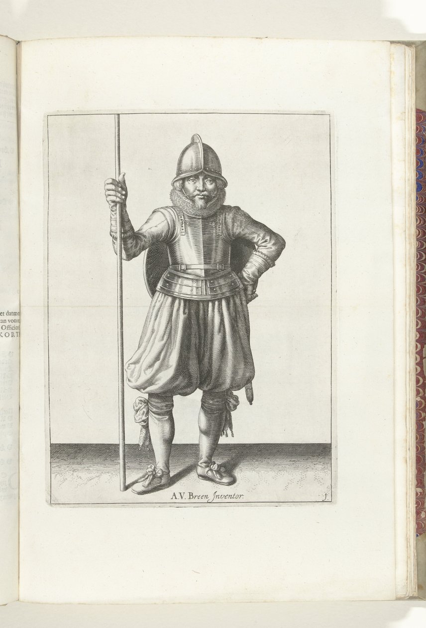 Die Übung mit Schild und Speer: der Soldat in Ruhe mit dem Speer in der Hand und dem Schild auf dem Rücken (Nr. 1), 1618 von Adam van Breen