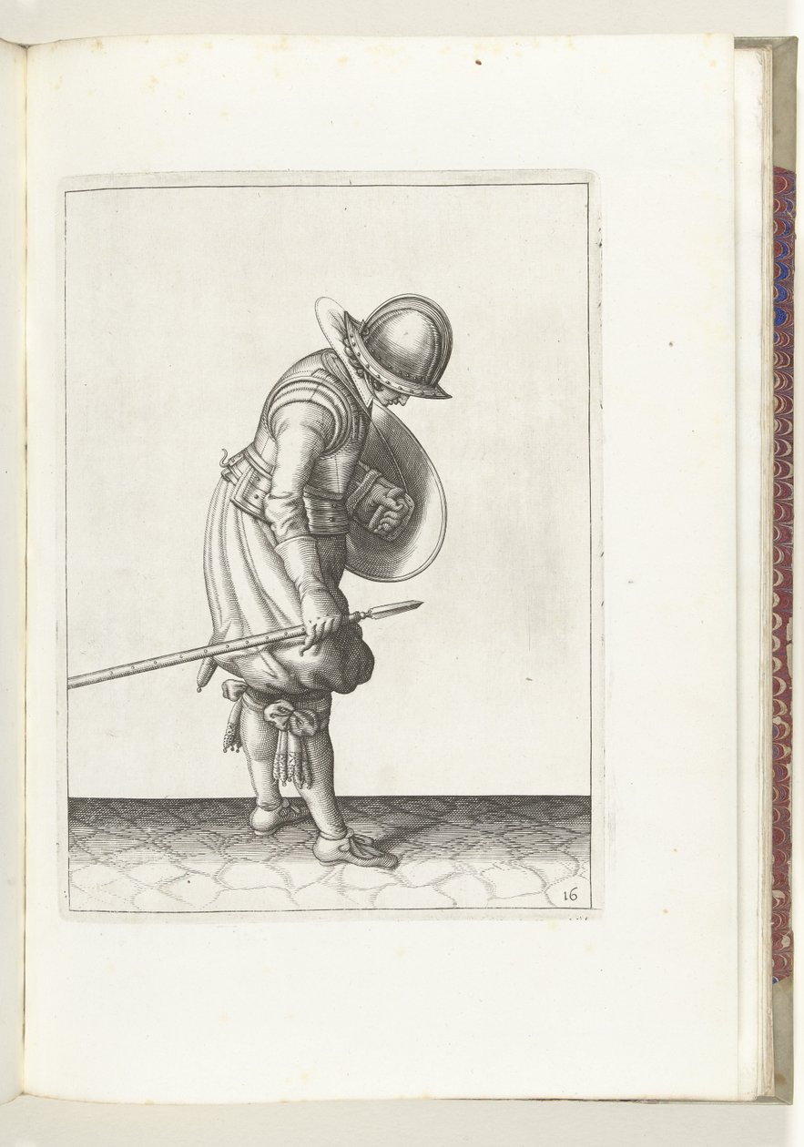 Die Übung mit Schild und Speer: Der Soldat legt den Speer neben seinen rechten Fuß auf den Boden (Nr. 16), 1618 von Adam van Breen