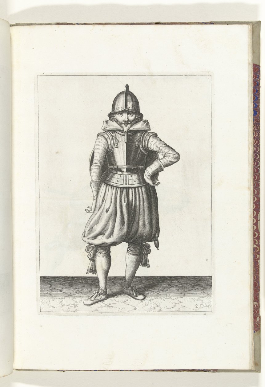 Die Übung mit Schild und Speer: der Soldat steht in Ruhe mit dem Schild auf dem Rücken (Nr. 27), 1618 von Adam van Breen