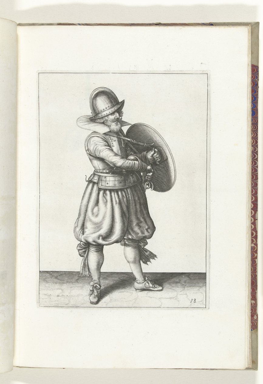 Die Übung mit Schild und Speer: Der Soldat zieht seinen Degen hinter seinem Schild hervor (Nr. 18), 1618 von Adam van Breen