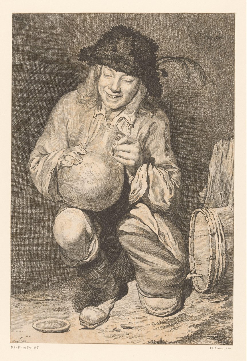 Junge mit einem Krug vor einem Weinfass von Adam von Bartsch