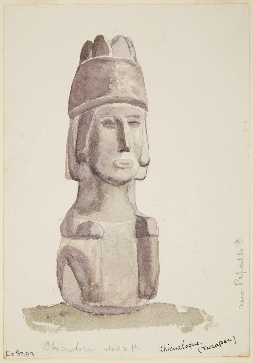 2 Fuß hohe Steinstatue eines menschlichen Kopfes aus Chicualoque, in der Nähe von Papantla von Adela Breton