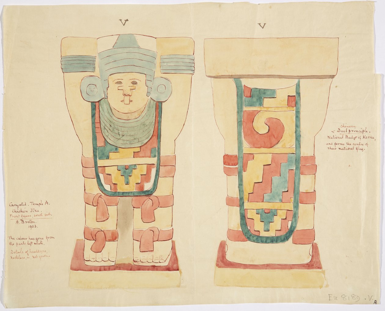 Karyatide aus der äußeren Kammer, Oberer Tempel der Jaguare (Tempel A), Ballspielplatz, Chichen Itza von Adela Breton