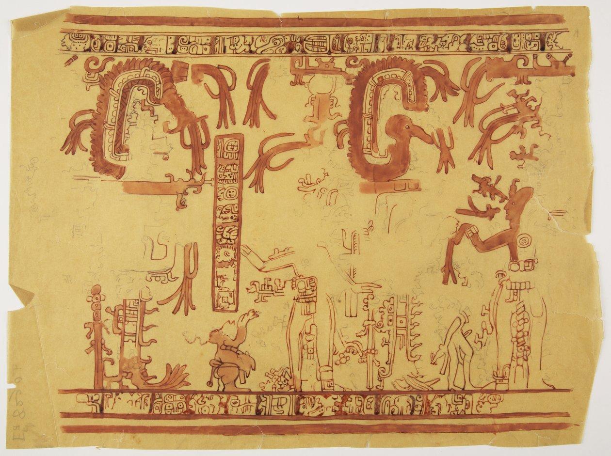 Design von einem Topf aus Belize (ehemals Britisch-Honduras). Design beinhaltet menschliche Figuren und gefiederte Schlangen von Adela Breton