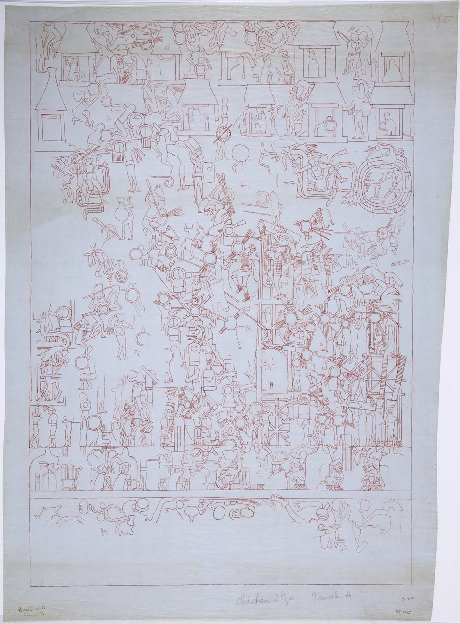 Zeichnung der Südwand, Oberer Tempel der Jaguare, Chichen Itza, Mexiko von Adela Breton