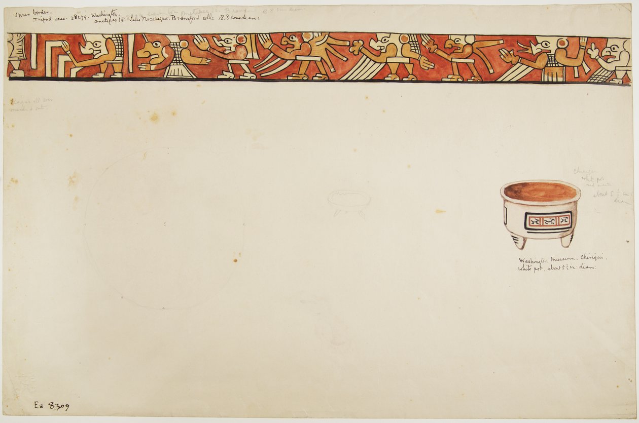 Innere Umrandung einer Dreifußvase (mit grotesken Figuren) und ein weißer Topf mit rechteckigen Designs von Adela Breton