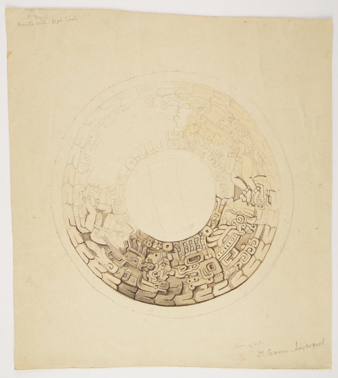 Topfabdeckung aus Belize (ehemals Britisch-Honduras). Kreisförmiges Design, teilweise fehlend, zeigt ein Design mit Figuren von Männern, Glyphen usw. von Adela Breton