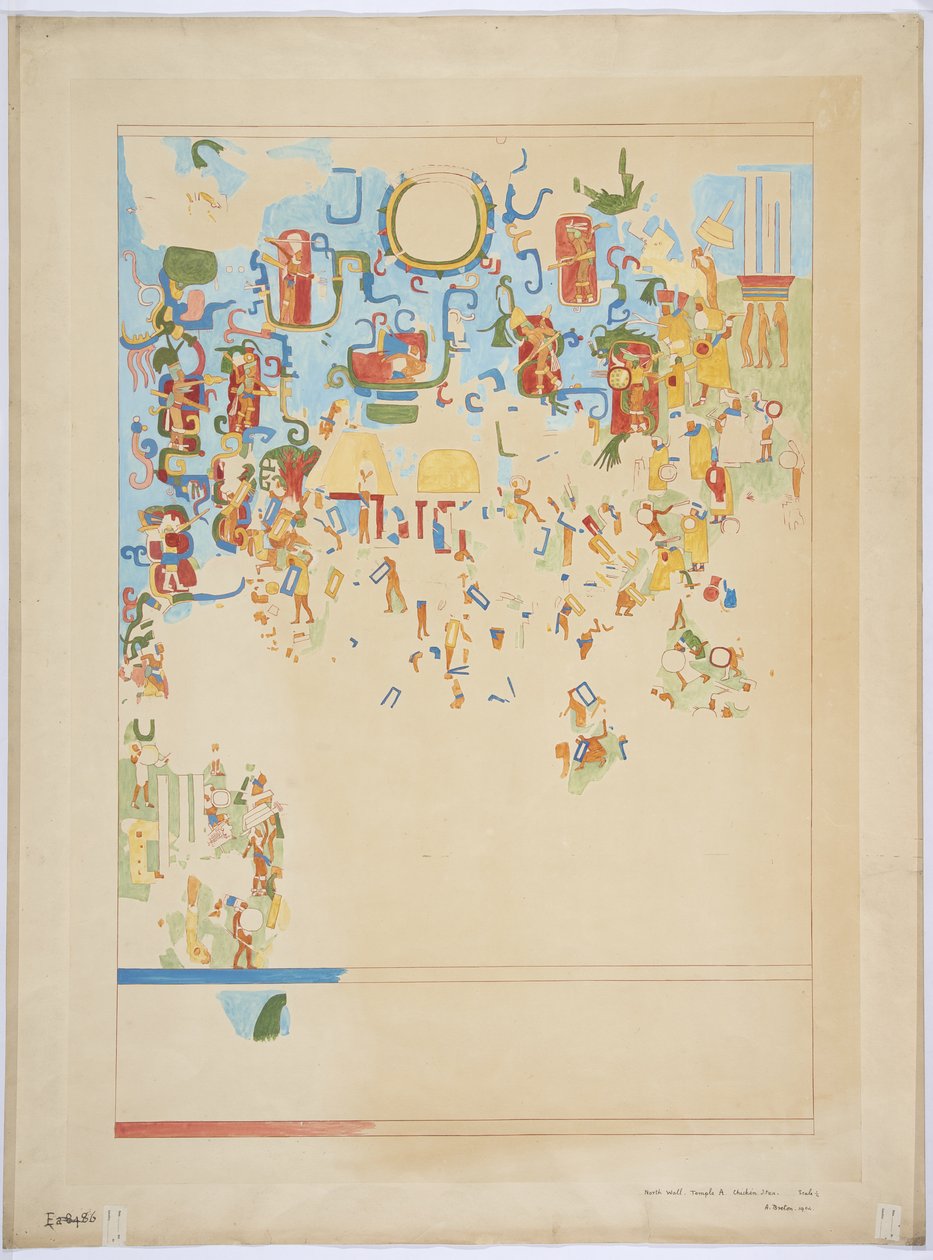 Viertelmaßstab-Kopie eines Wandgemäldes von der Nordwand, innere Kammer, Oberer Tempel der Jaguare, Großer Ballspielplatz, Chichen Itza, Mexiko von Adela Breton