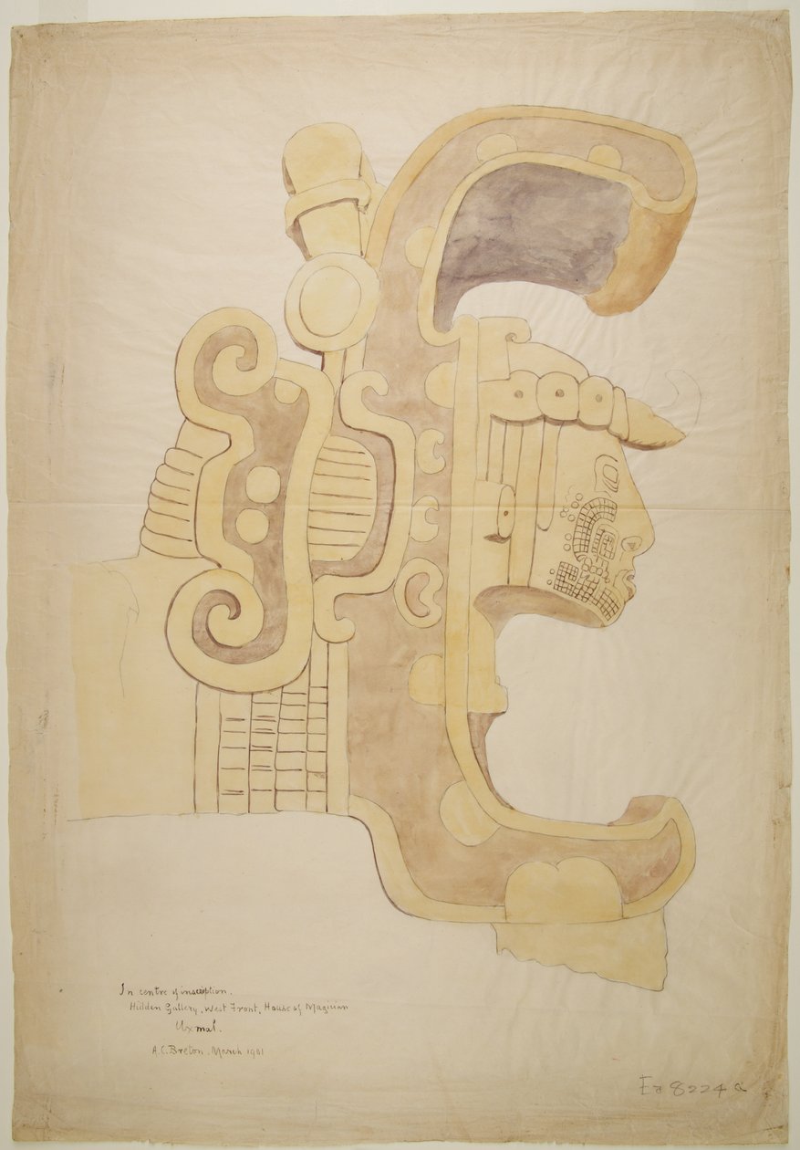 Ruinen/Steinreliefs am Tempel von Uxmal, Mexiko, reich verziertes geschnitztes Kopf von Adela Breton