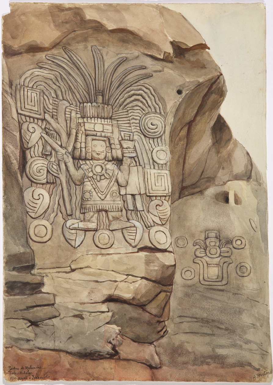 Steinrelief im natürlichen Fels von Adela Breton - Piedra de Malinche, Tula, Hidalgo, Mexiko von Adela Breton