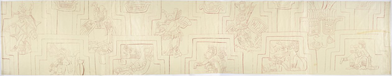 Abzeichnung eines bemalten Reliefs von bemalten Stuckreliefs von der Fassade eines Hügels oder einer Pyramide in Acanceh, Mexiko von Adela Breton