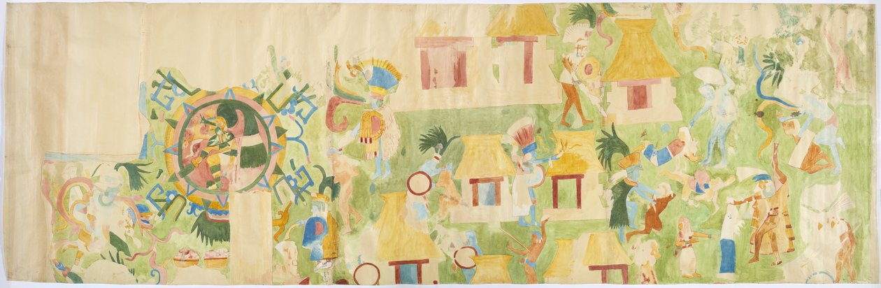 Abzeichnung eines Wandgemäldes vom Nordende der Westwand, Oberer Tempel der Jaguare, Chichen Itza, Mexiko von Adela Breton