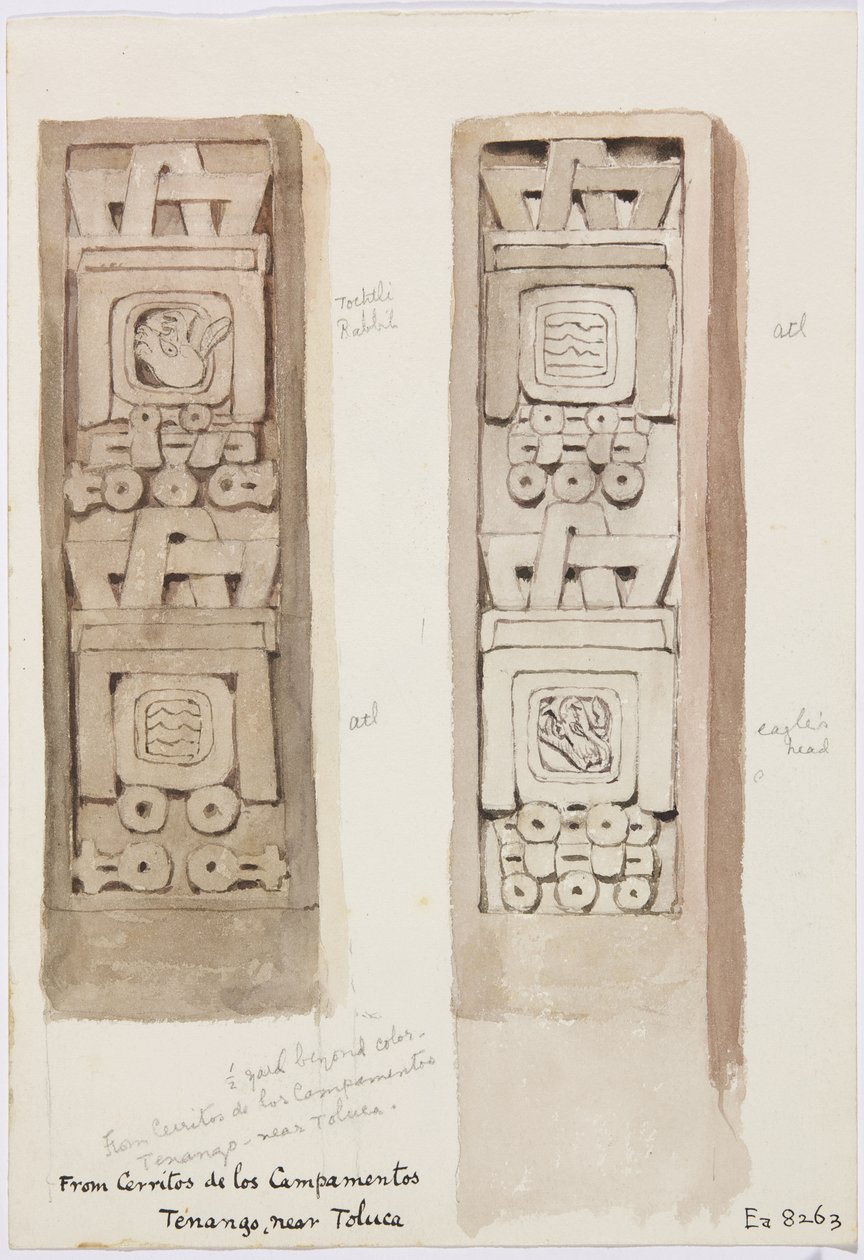 Zwei Säulen, beide mit Steinreliefs, Cerritos de los Campamentos, Tenago, in der Nähe von Toluca, Mexiko von Adela Breton