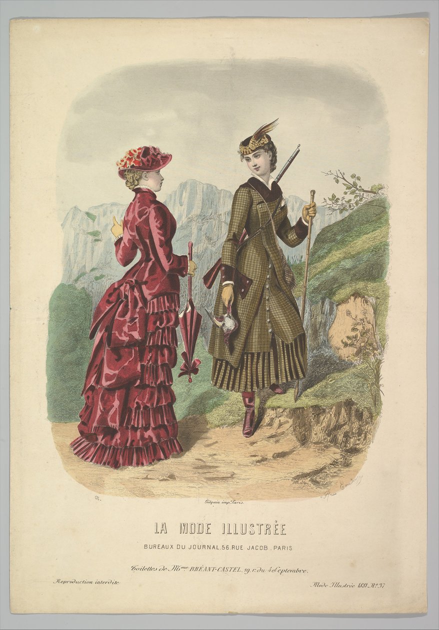 Eine Dame im Jagdkostüm mit einer Dame im Spazierkostüm auf einem Bergpfad aus La Mode..., 1881 von Adèle Anaïs Colin