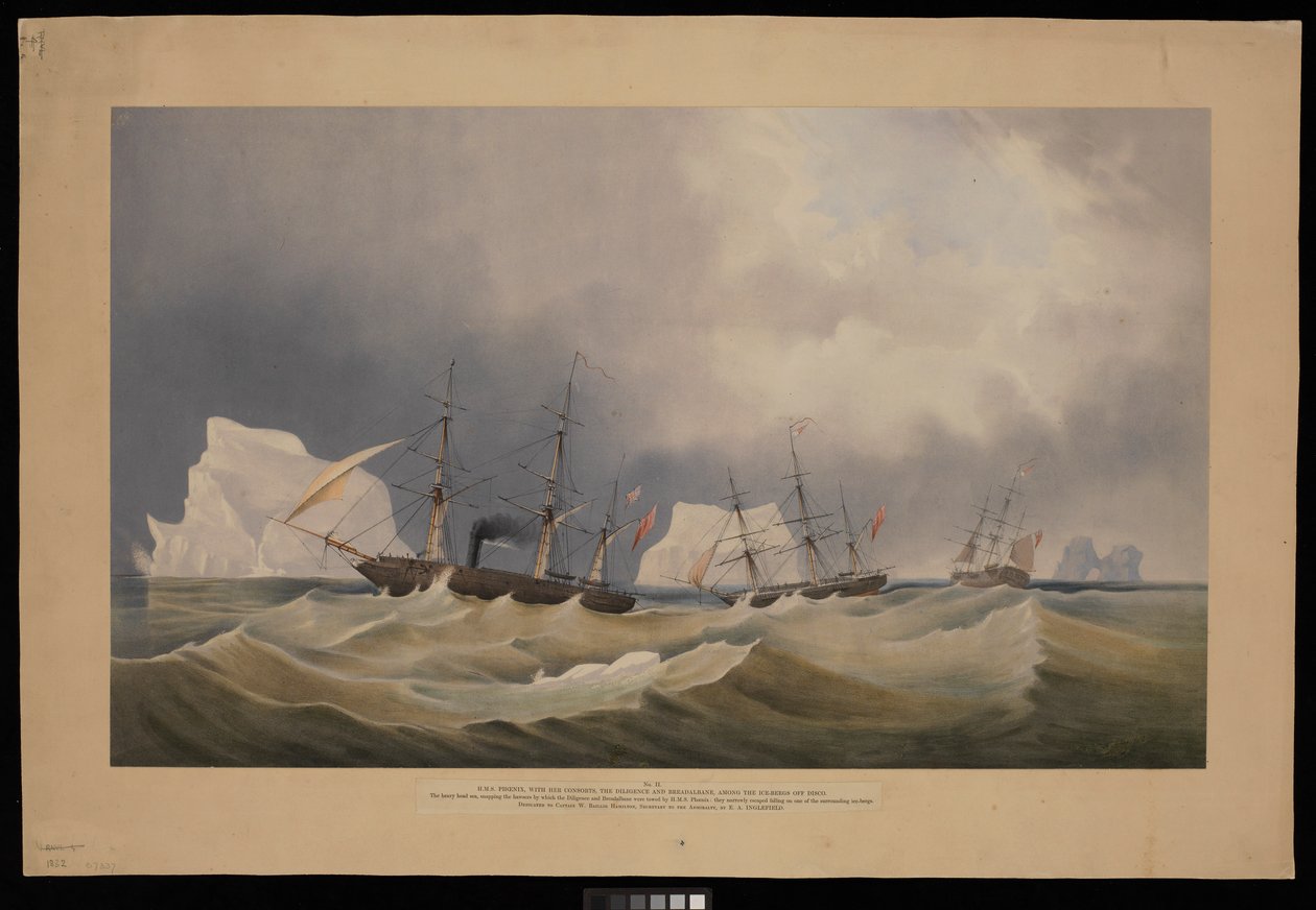 H.M.S. Phoenix mit ihren Begleitern, The Diligence und Breadalbane, unter den Eisbergen von Admiral Edward Augustus Inglefield