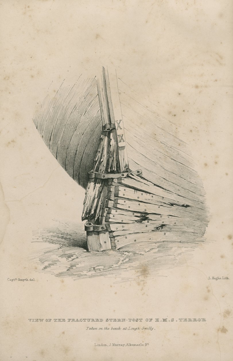 Ansicht des gebrochenen Heckpfostens der H.M.S. Terror: am Strand von Lough Swilly aufgenommen von Admiral William Henry Smyth