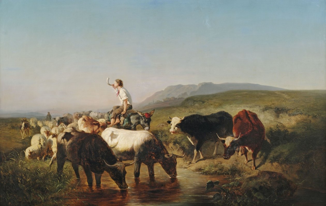 Vieh- und Schafherde mit eselreitendem Hirtenknaben in weiter Landschaft von Adolf Schreyer