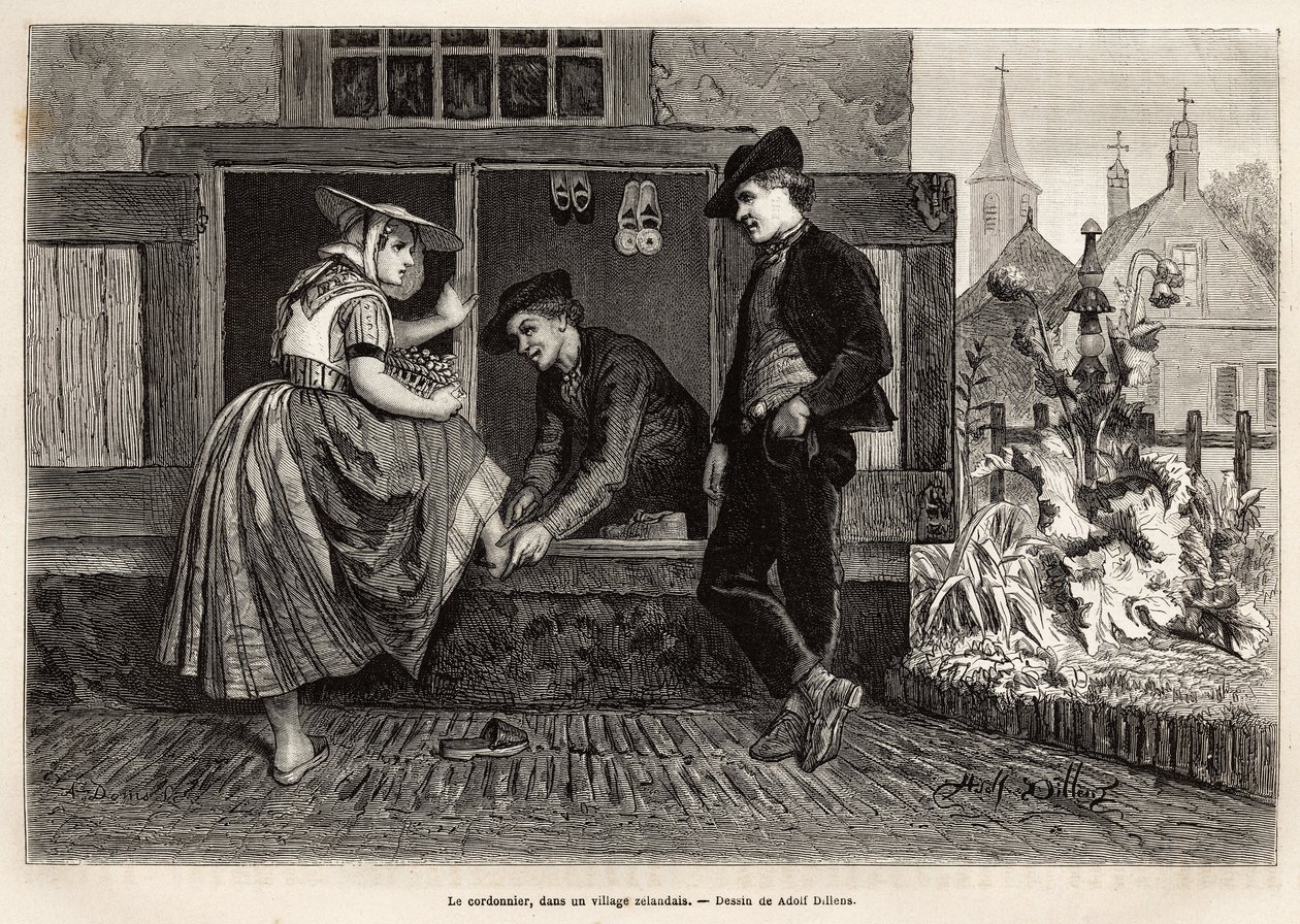 Ein Schuhmacher in einem zeeländischen Dorf, lässt eine junge Frau einen Schuh anprobieren, begleitet von einem jungen Mann, graviert nach der Zeichnung von Adolf Dillens, zur Illustration einer Reise nach Zeeland (Niederlande), veröffentlicht in „Le tour  von Adolf Alexander Dillens