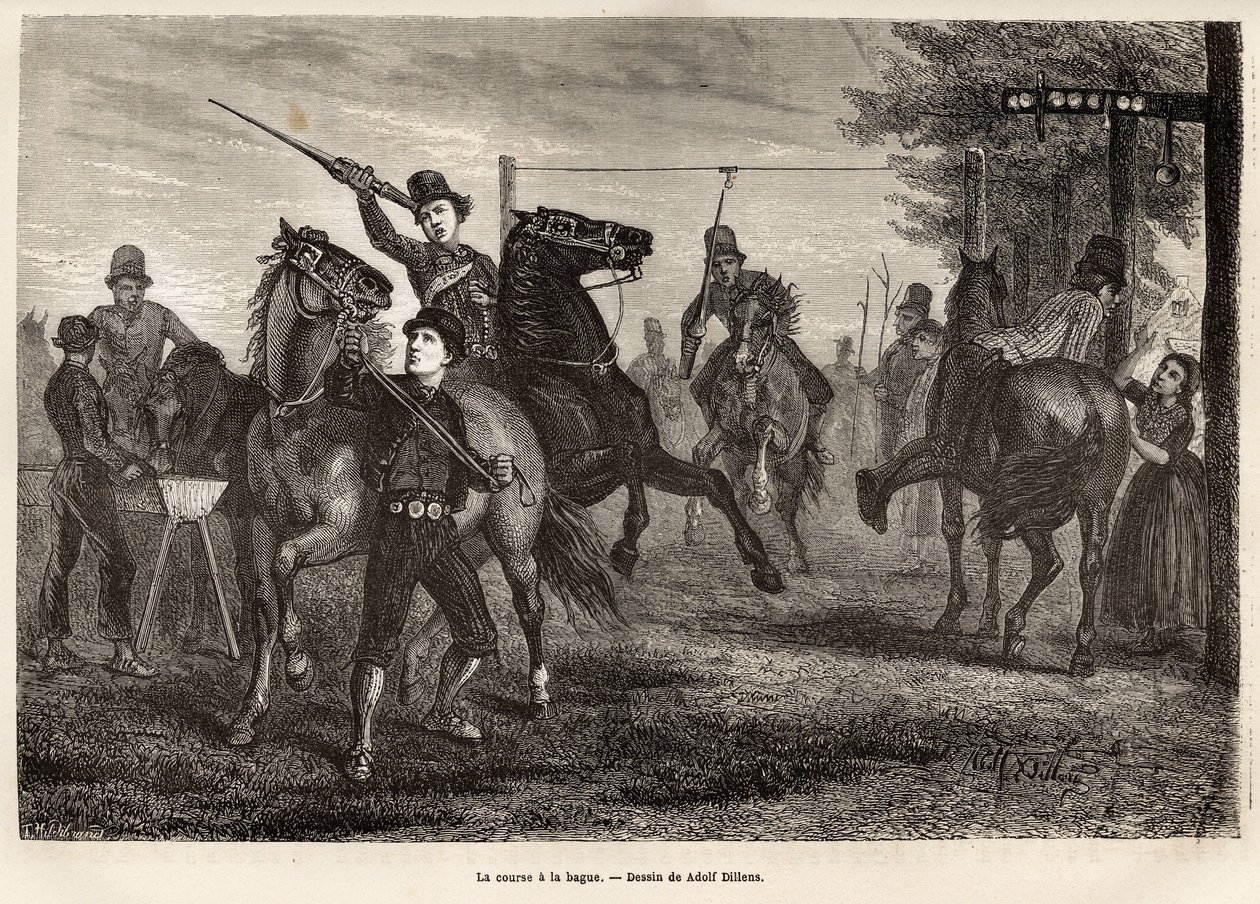 Das Rennen zum Ring in Niewland, die jungen Reiter wetteifern darum, mit einer hölzernen Lanze den Ring vom Gestell zu entfernen, an dem er aufgehängt ist, Pferd wirft Galopp; für die ungeschicktesten ist auch ein Holzlöffel von einem nahegelegenen Schild  von Adolf Alexander Dillens