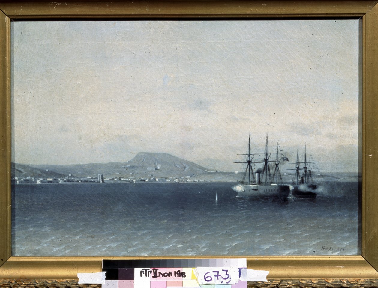 Russisch-Türkischer Krieg von 1877-1878: Die türkische Flotte bombardierte die Stadt Feodossija 1878. Gemälde von Adolf Fessler (1826-1885) 1878 Staatliche Tretjakow-Galerie von Adolf Fessler