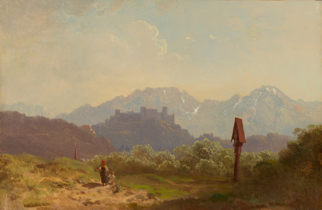 Partie bei Salzburg mit Blick auf die Festung Hohensalzburg und den dahinter aufragenden Untersberg von Adolf Heinrich Lier