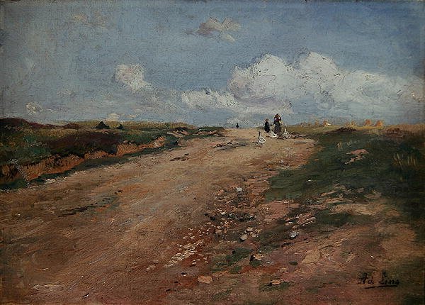 Ländlicher Weg in Schwalm mit einem Mädchen und Gänsen von Adolf Lins