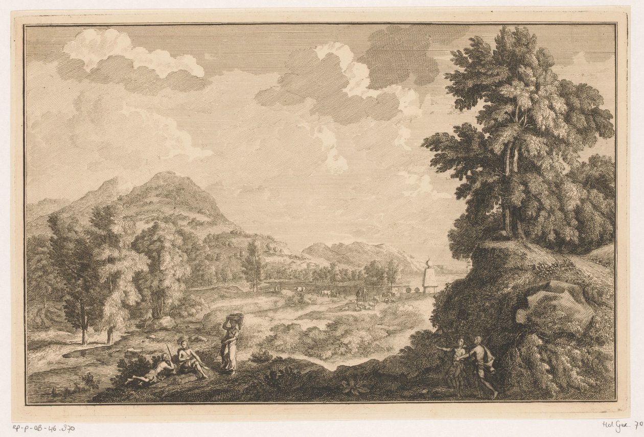 Arkadische Flusslandschaft mit Hirten und Frau mit einem Wäschekorb von Adolf van der Laan