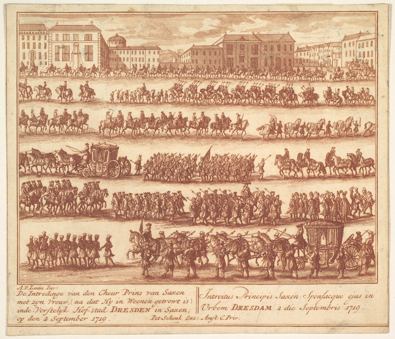 Einzug des Prinzen von Sachsen mit seiner Frau in Dresden am 2. September 1719, ca. 1700-1755 von Adolf van der Laan