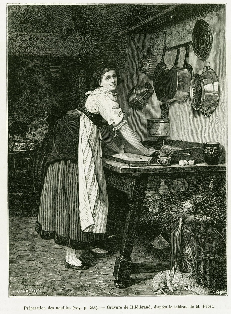 Nudelzubereitung. Gravur von Hildibrand zur Illustration der Geschichte A Travers l