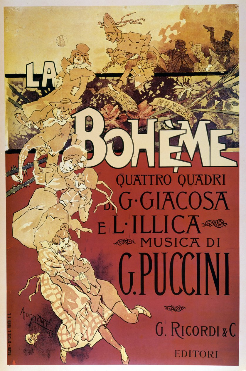 Plakat von La Bohème von Adolfo Hohenstein für die Premiere der Oper von Giacomo Puccini im Teatro Regio di Torino, am 01.02.1896 von Adolfo Hohenstein