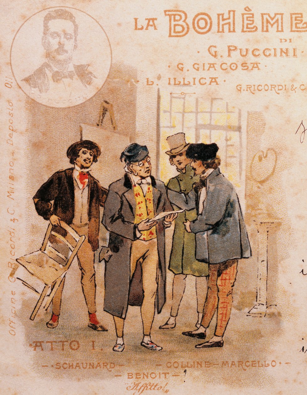 Postkarte von Adolf Hohenstein (1854-1928) zur ersten Aufführung von La Bohème von Adolfo Hohenstein