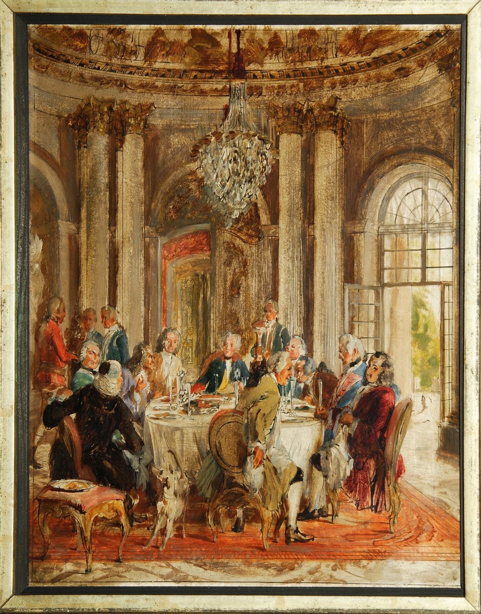 Die Tafelrunde von Friedrich II. von Preußen mit Voltaire und Christoph Ludwig von Stille im Schloss Sanssouci von Adolph Menzel