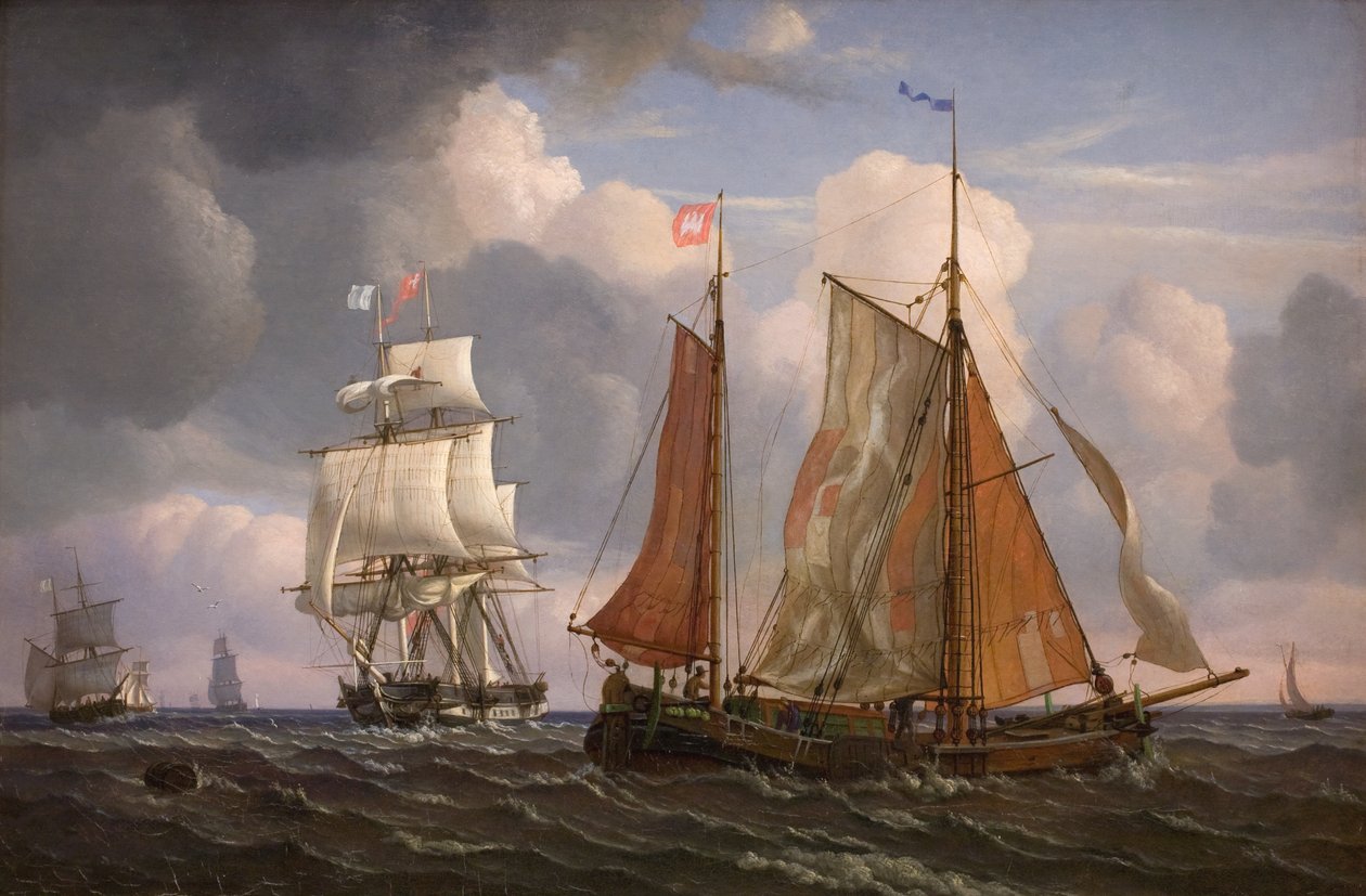 Schiffe segeln und kreuzen gegen den Wind im Sund von Adolph Friedrich Vollmer