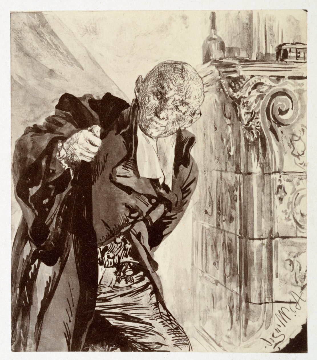 Adam zieht, rechts neben einem Kachelofen stehend, seinen Richtertalar an, zu Heinrich von Kleist "Der zerbrochene Krug" von Adolph Menzel