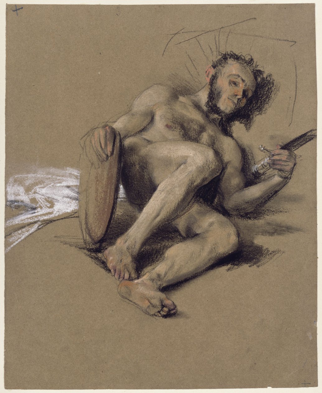 Aktstudie, bärtiger Mann am Boden auf der linken Seite ruhend mit Schwert und Schild in den Händen, Studie zur Adresse anlässlich der Volljährigkeit des Kronprinzen 1850 von Adolph Menzel