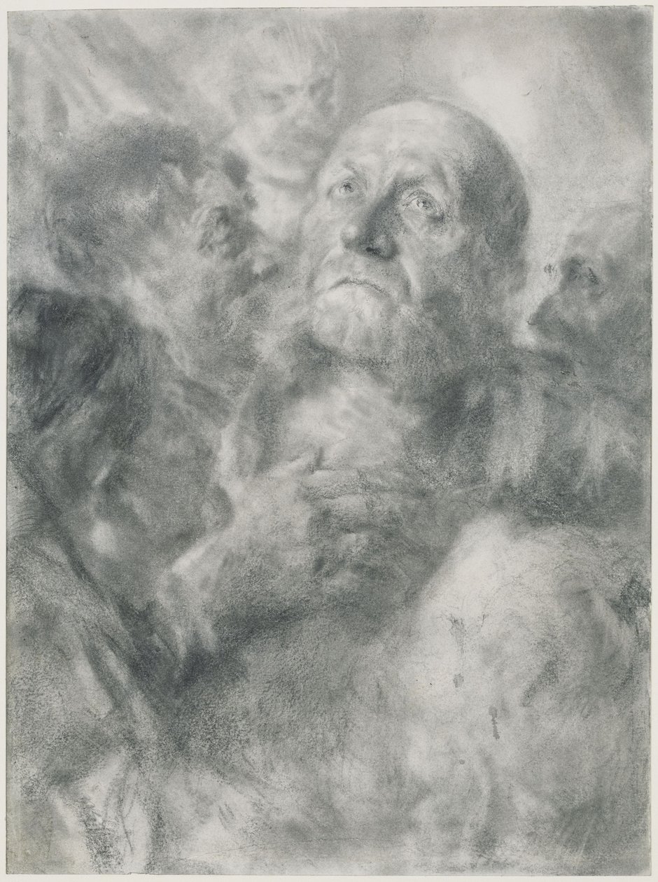 Aufblickender alter Mann und vier Gesichter von Adolph Menzel