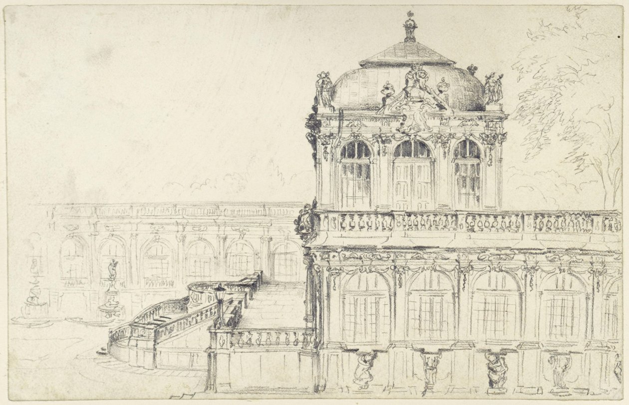 Blick auf die Schmalseite des Mathematisch Physikalischen Salons und die östliche Langgalerie im Zwinger in Dresden von Adolph Menzel