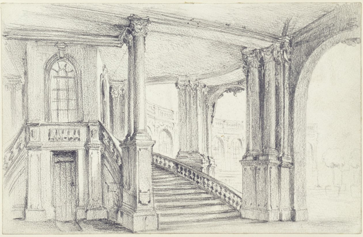 Blick durch den Stadtpavillon auf die südöstliche Bogengalerie im Zwinger in Dresden von Adolph Menzel