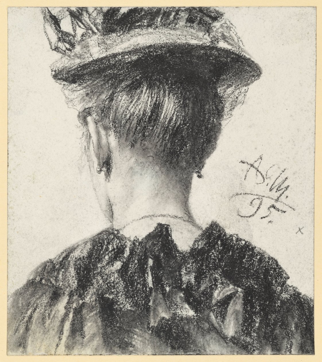 Büste einer Frau mit Hut in Rückenansicht von Adolph Menzel