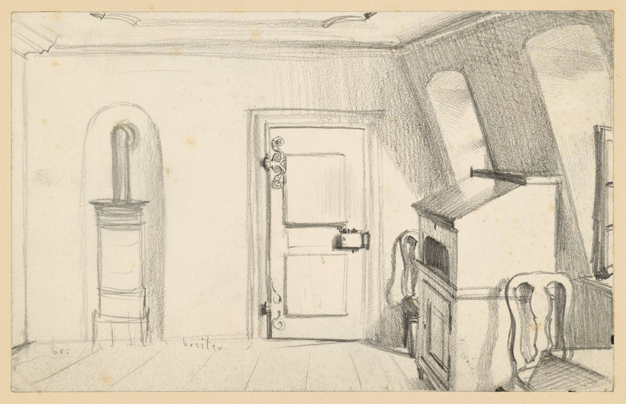 Dachzimmer mit Ofen, Tür, Schreibschrank und Stühlen im Goethehaus in Frankfurt am Main von Adolph Menzel