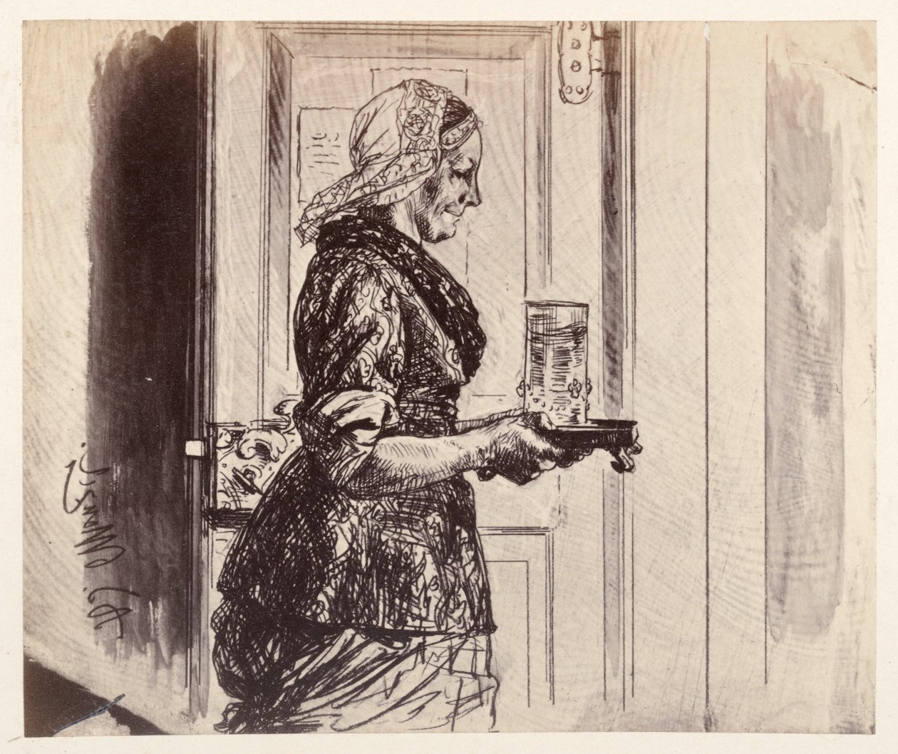 Die Magd tritt mit dem von Adam bestellten Glas Wasser in das Gerichtszimmer, zu Heinrich von Kleist "Der zerbrochene Krug" von Adolph Menzel