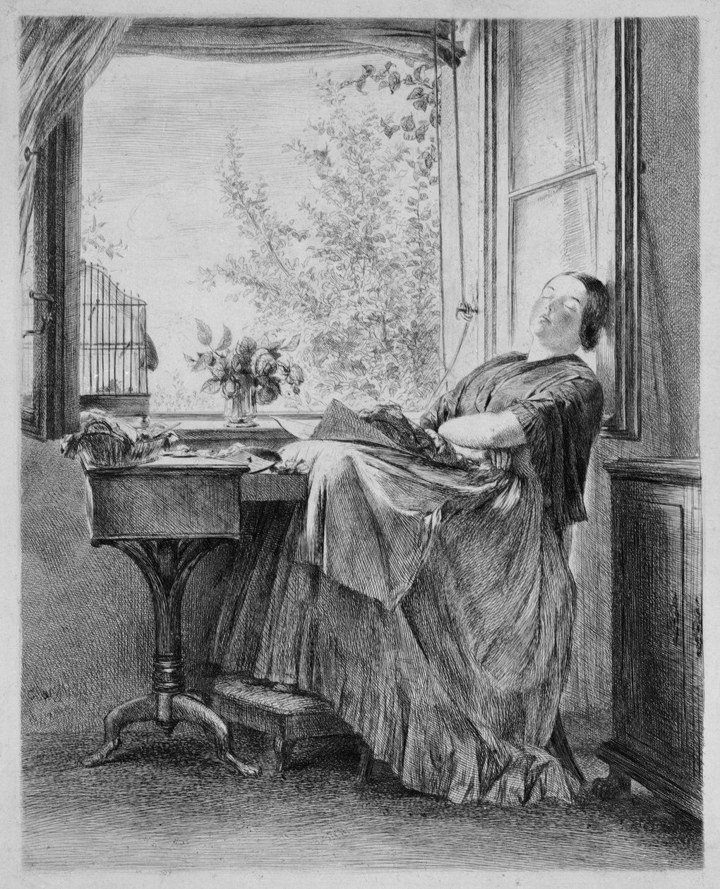 Die schlafende Näherin am Fenster (Menzels Schwester Emilie) von Adolph Menzel