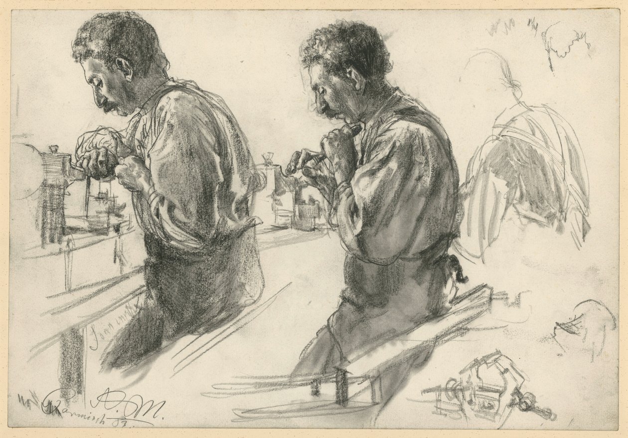 Drechsler an der Werkbank, zwei Studien und Details von Adolph Menzel