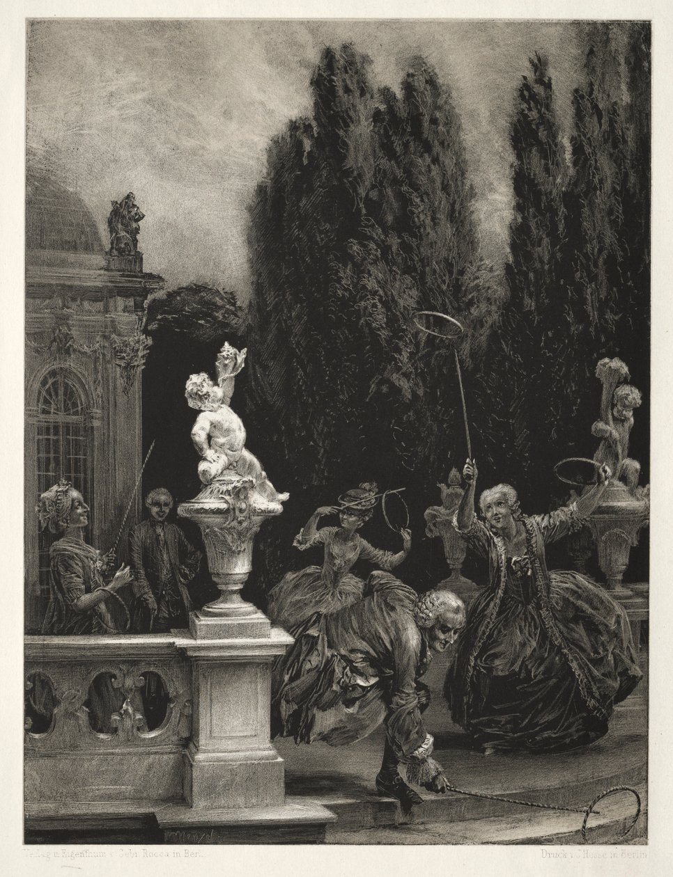 Essay über Stein mit Pinsel und Schaber: Spielen mit Reifen auf der Schlossterrasse, 1851 von Adolph Menzel