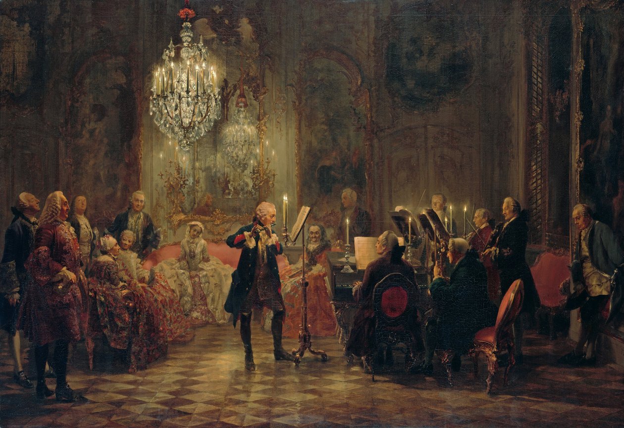 Flötenkonzert mit Friedrich dem Großen in Sanssouci, 1850-1852 von Adolph Menzel